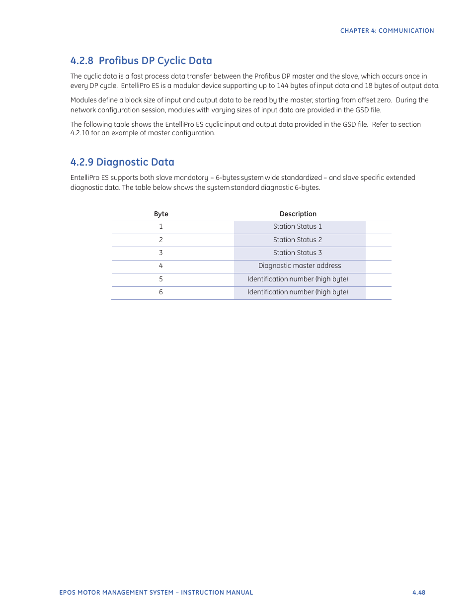 8 profibus dp cyclic data, 9 diagnostic data | GE Industrial Solutions EntelliPro ES User Manual | Page 185 / 259