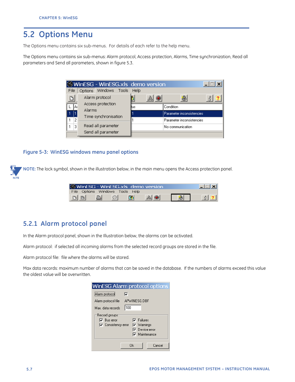 2 options menu, 1 alarm protocol panel | GE Industrial Solutions EntelliPro ES User Manual | Page 203 / 259