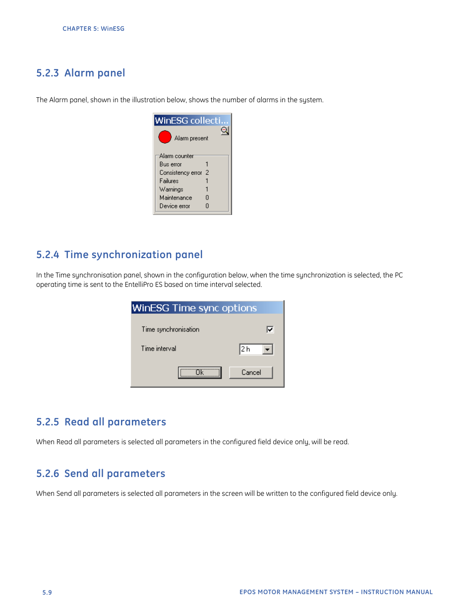 3 alarm panel, 4 time synchronization panel, 5 read all parameters | 6 send all parameters | GE Industrial Solutions EntelliPro ES User Manual | Page 205 / 259