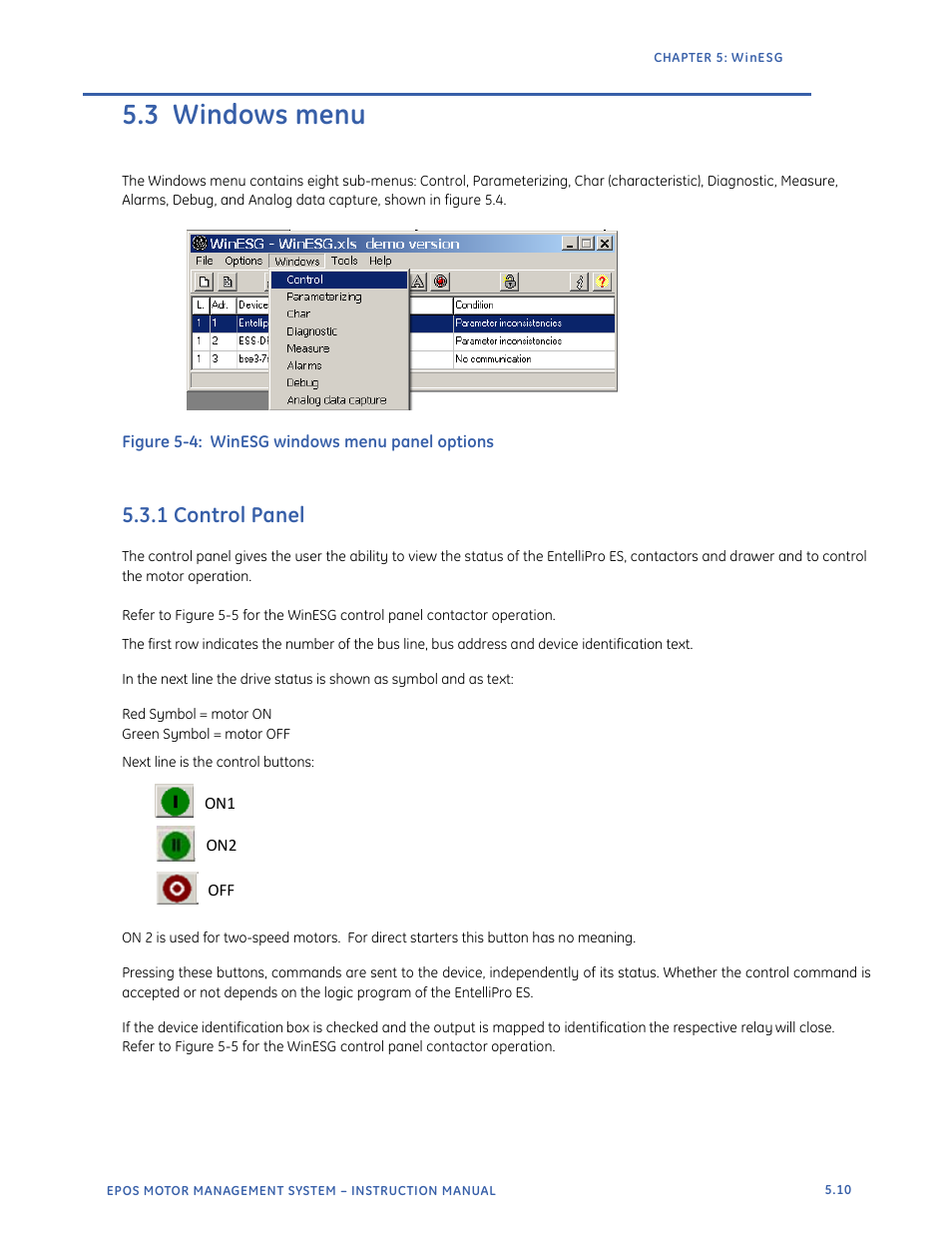 3 windows menu, 1 control panel | GE Industrial Solutions EntelliPro ES User Manual | Page 206 / 259