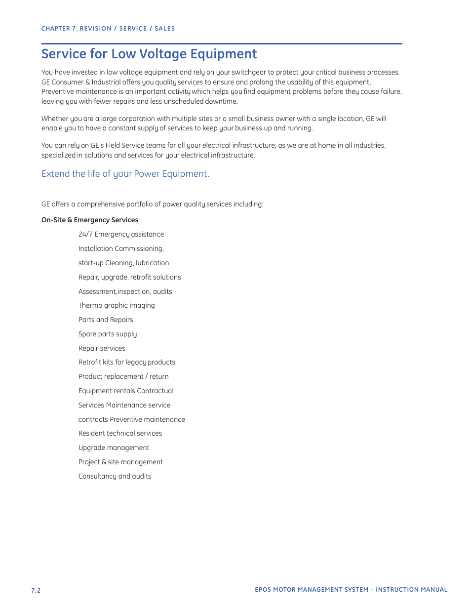 Service for low voltage equipment, Extend the life of your power equipment | GE Industrial Solutions EntelliPro ES User Manual | Page 257 / 259