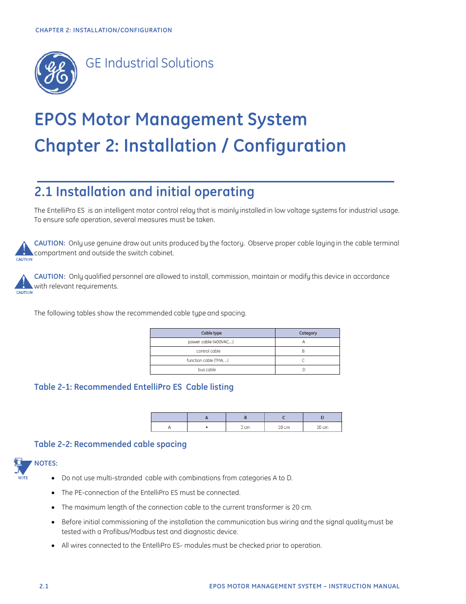 Epos motor management system, Chapter 2: installation / configuration, Ge industrial solutions | 1 installation and initial operating | GE Industrial Solutions EntelliPro ES User Manual | Page 26 / 259