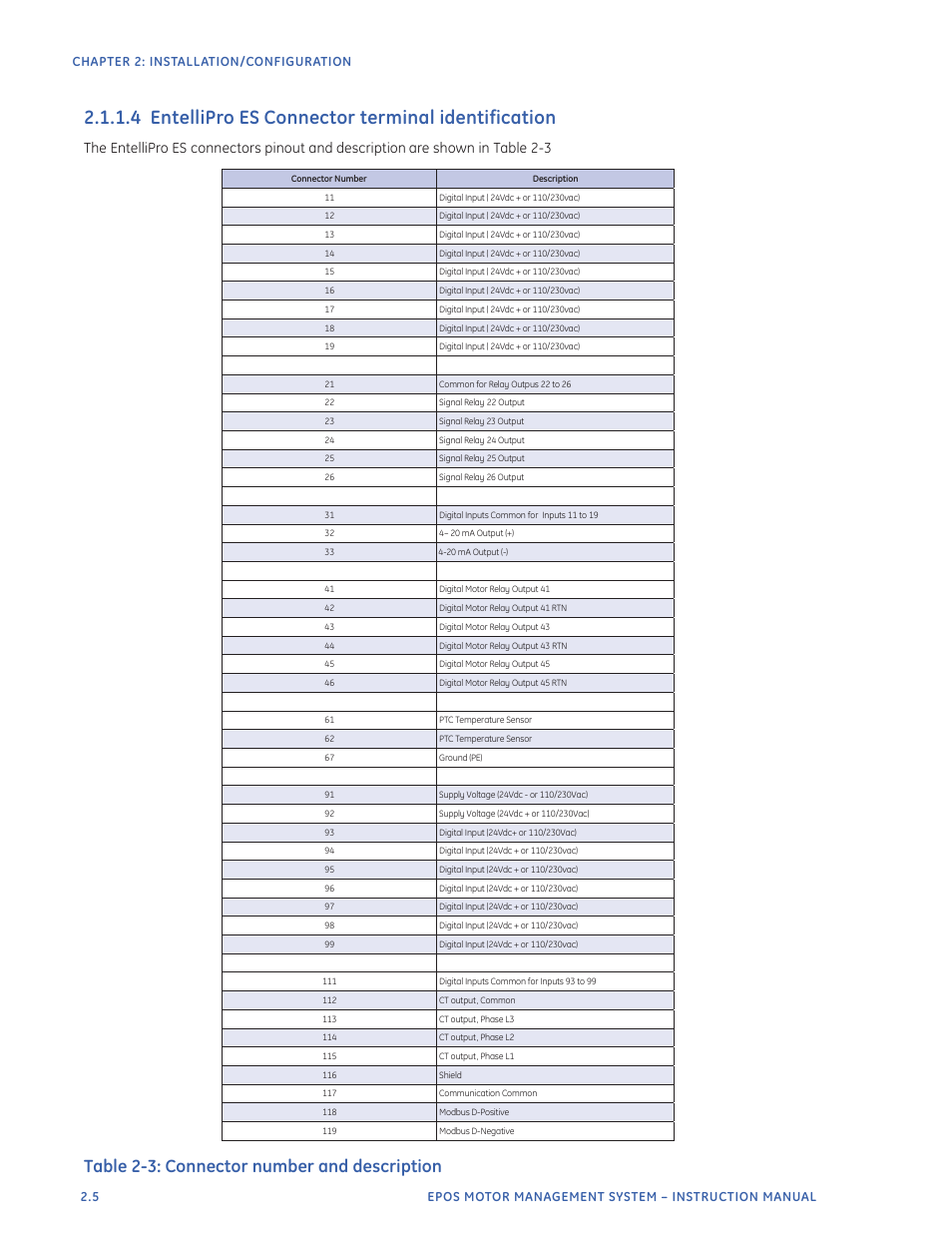 4 entellipro es connector terminal identification, Table 2-3: connector number and description | GE Industrial Solutions EntelliPro ES User Manual | Page 30 / 259
