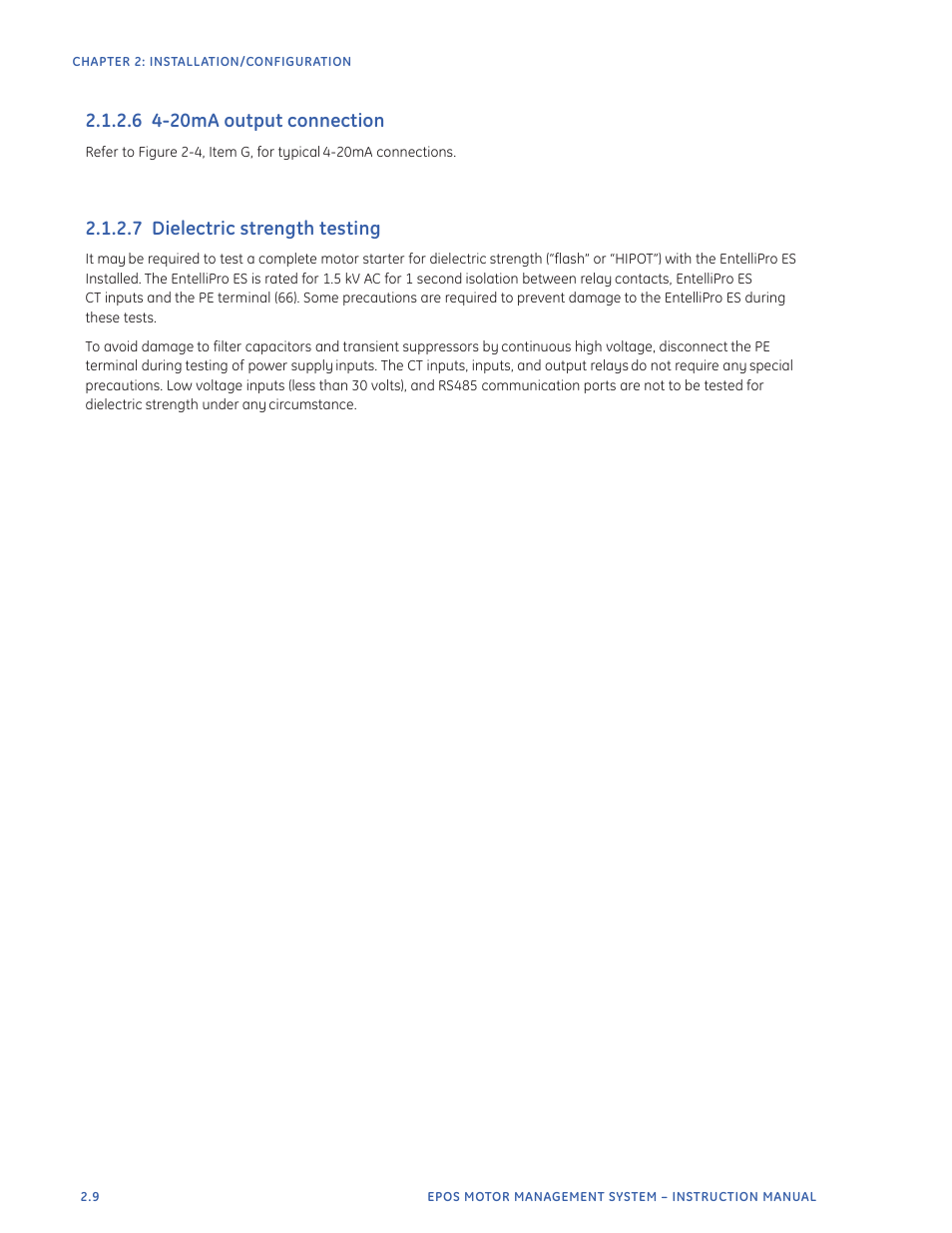 6 4-20ma output connection, 7 dielectric strength testing | GE Industrial Solutions EntelliPro ES User Manual | Page 34 / 259