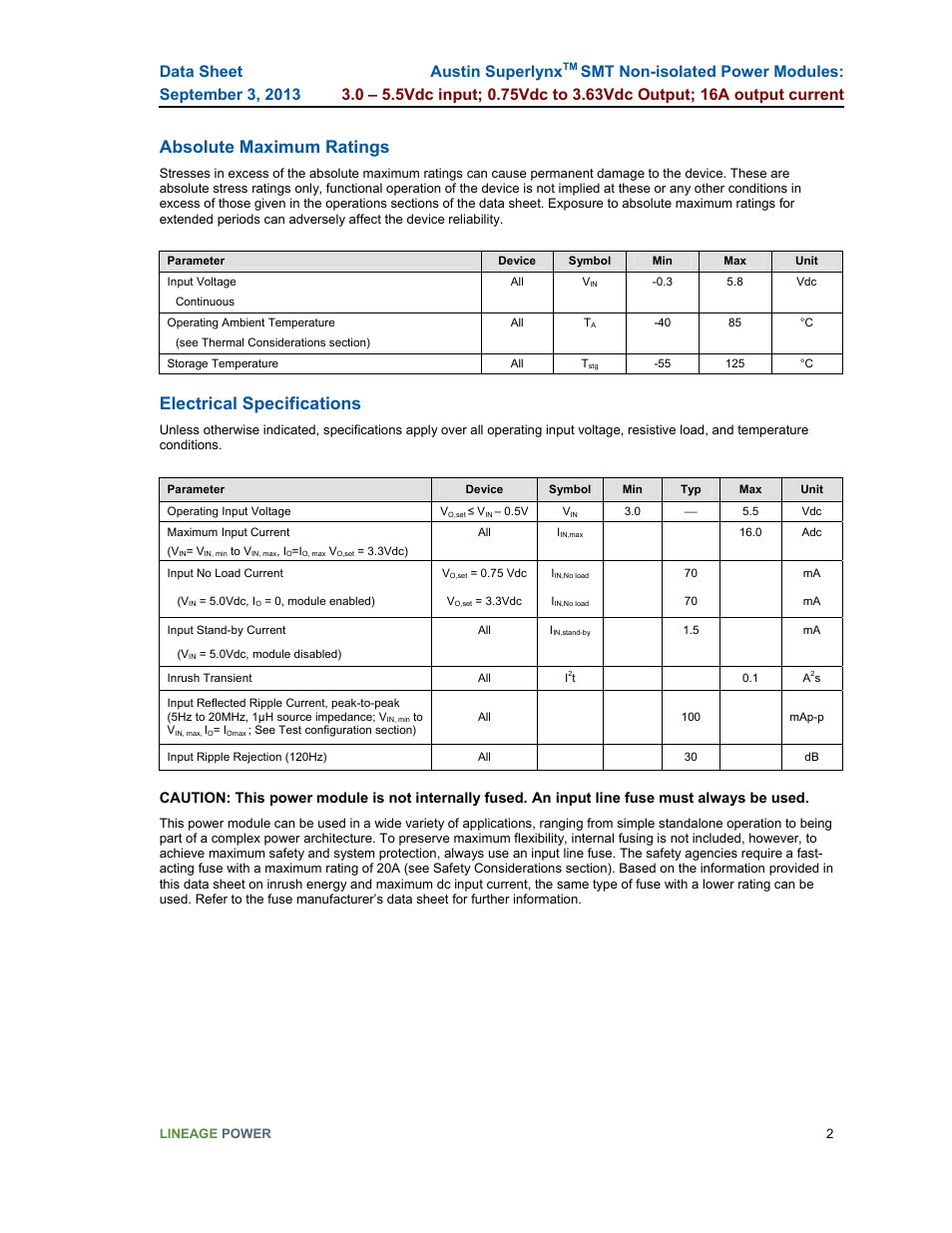 Absolute maximum ratings, Electrical specifications, Austin superlynx | GE Industrial Solutions Austin SuperLynx SMT User Manual | Page 2 / 21