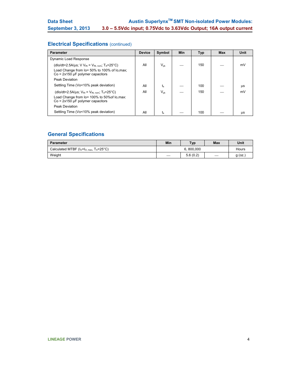 Electrical specifications, General specifications | GE Industrial Solutions Austin SuperLynx SMT User Manual | Page 4 / 21
