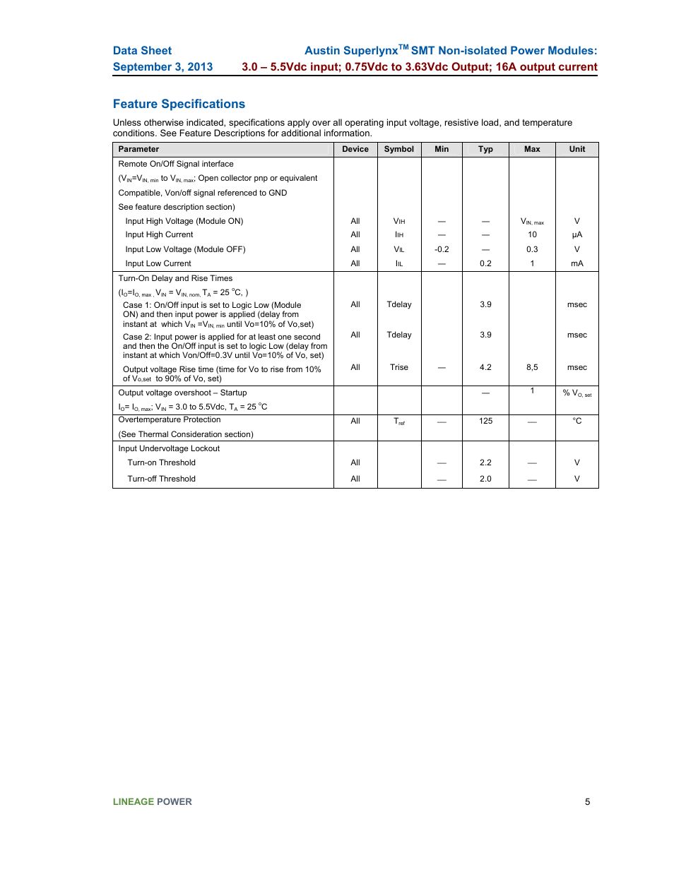 Feature specifications, Austin superlynx | GE Industrial Solutions Austin SuperLynx SMT User Manual | Page 5 / 21