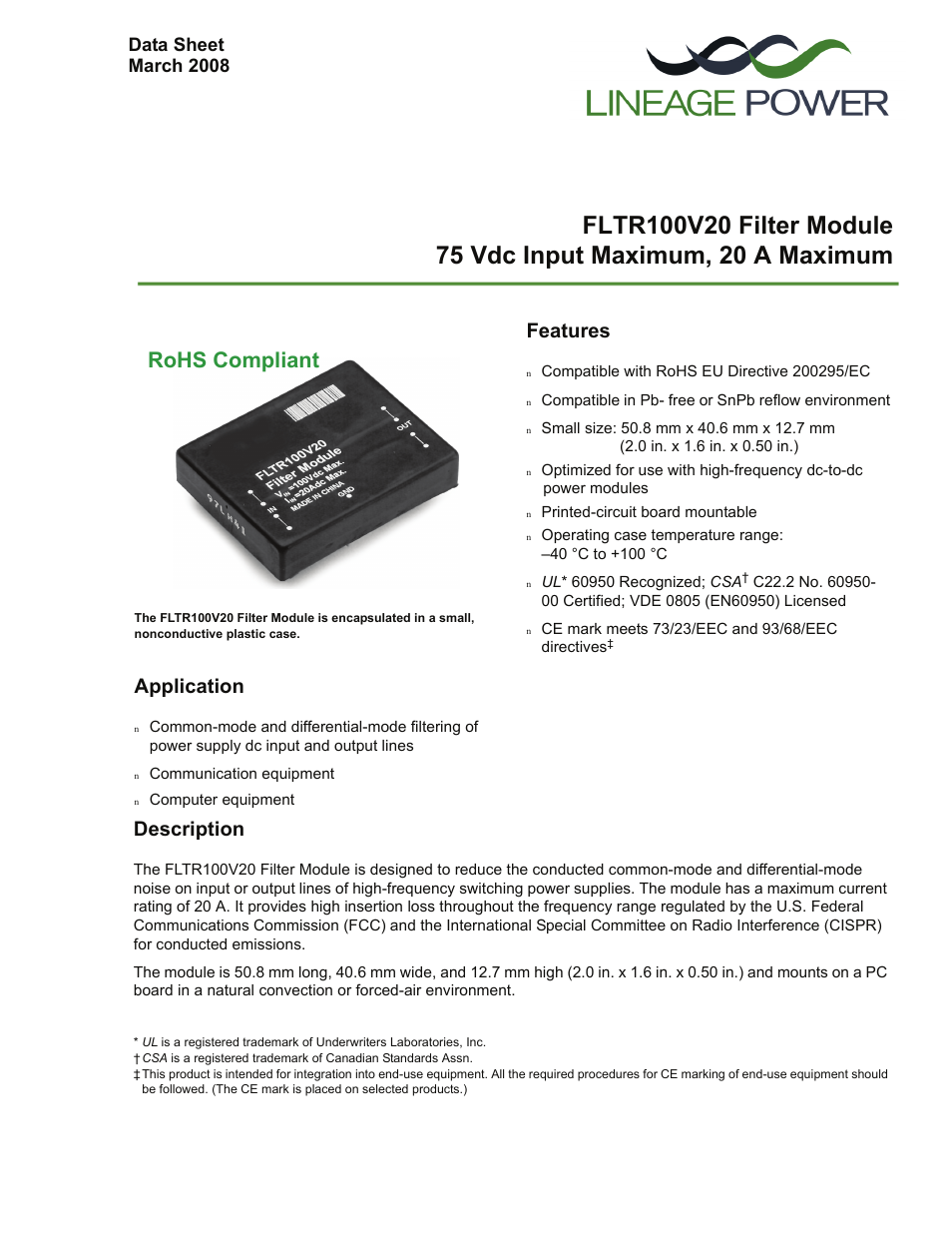 GE Industrial Solutions FLTR100V20 Filter Module User Manual | 12 pages