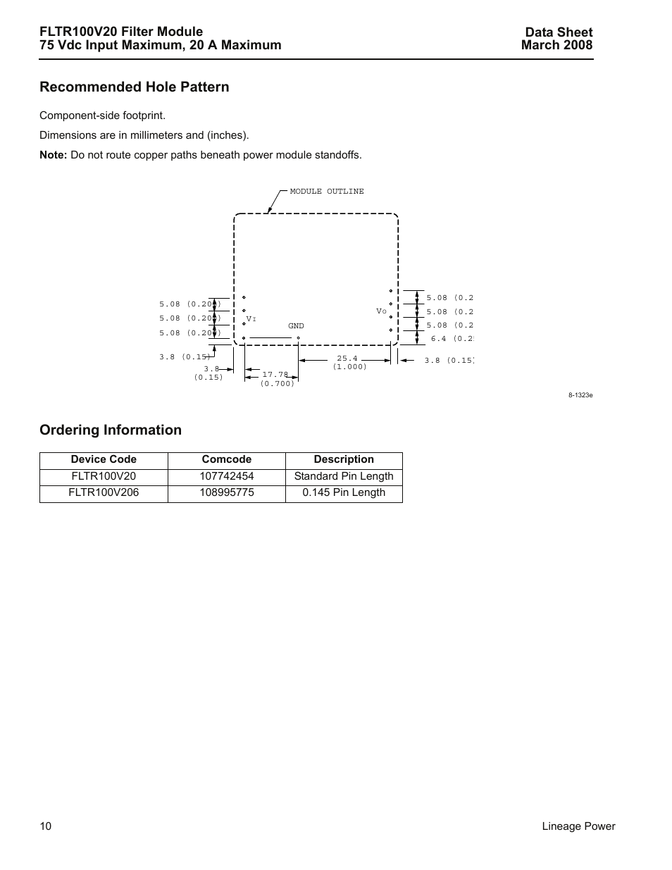 Recommended hole pattern, Ordering information | GE Industrial Solutions FLTR100V20 Filter Module User Manual | Page 10 / 12