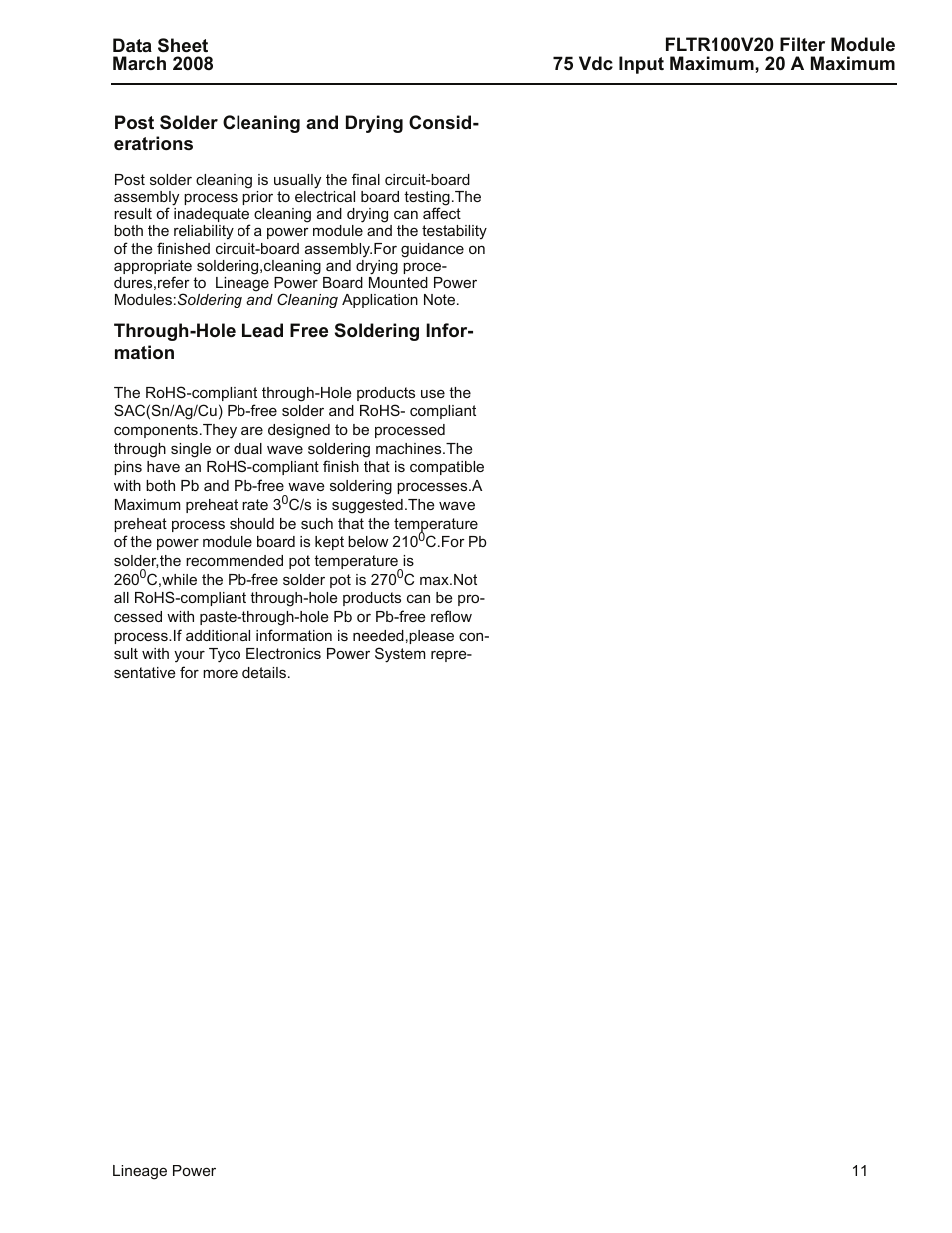 Through-hole lead free soldering information | GE Industrial Solutions FLTR100V20 Filter Module User Manual | Page 11 / 12