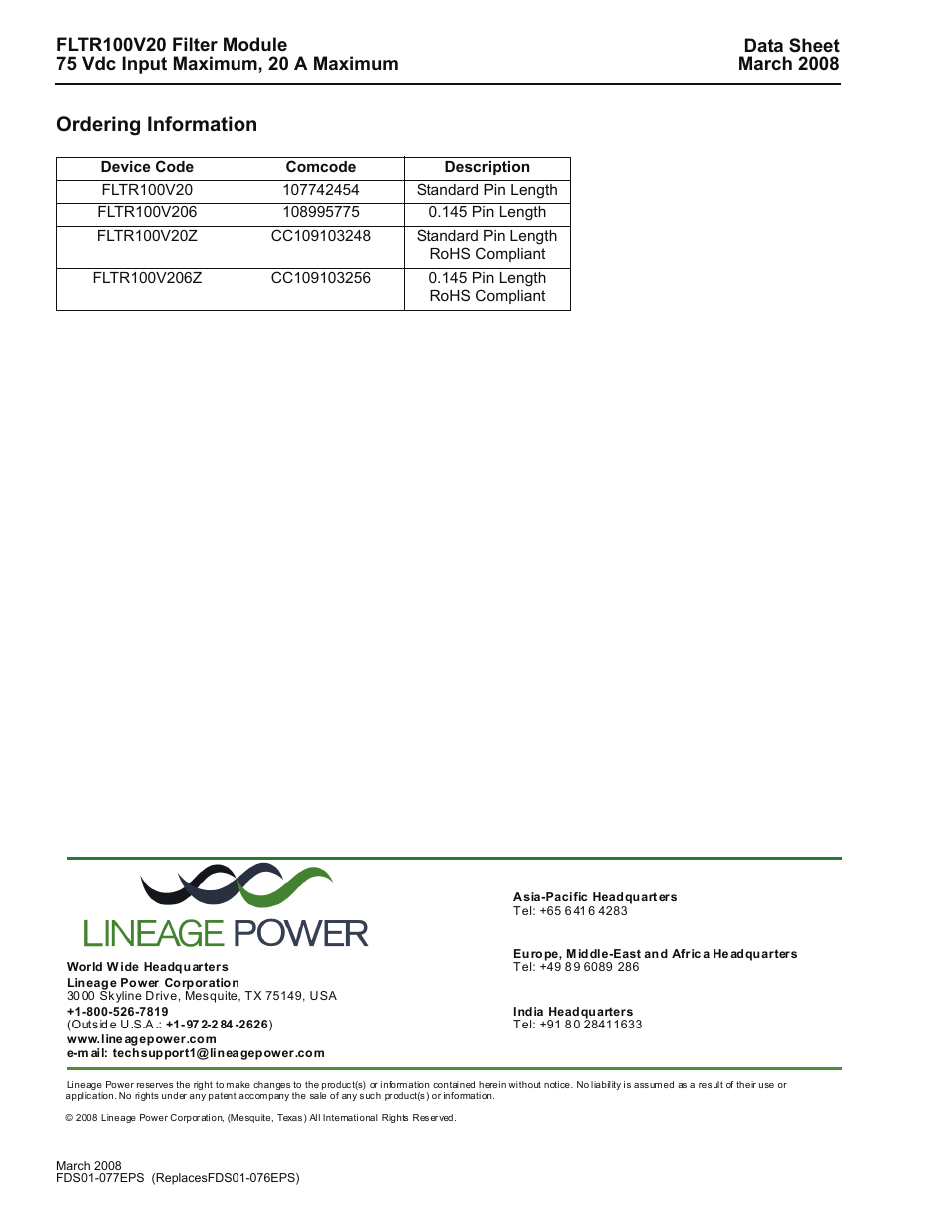 Ordering information | GE Industrial Solutions FLTR100V20 Filter Module User Manual | Page 12 / 12