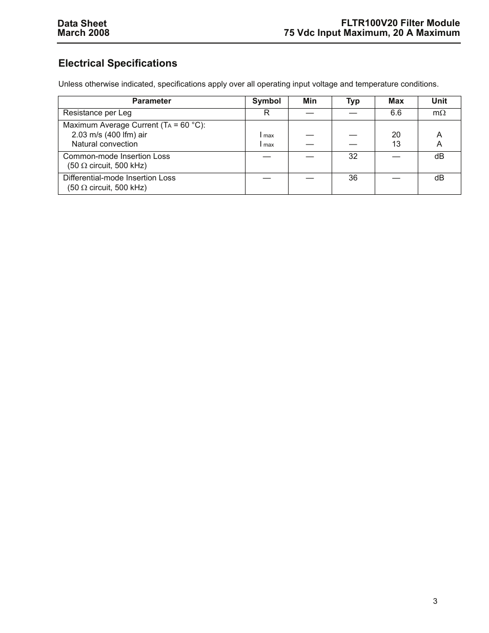 Electrical specifications | GE Industrial Solutions FLTR100V20 Filter Module User Manual | Page 3 / 12
