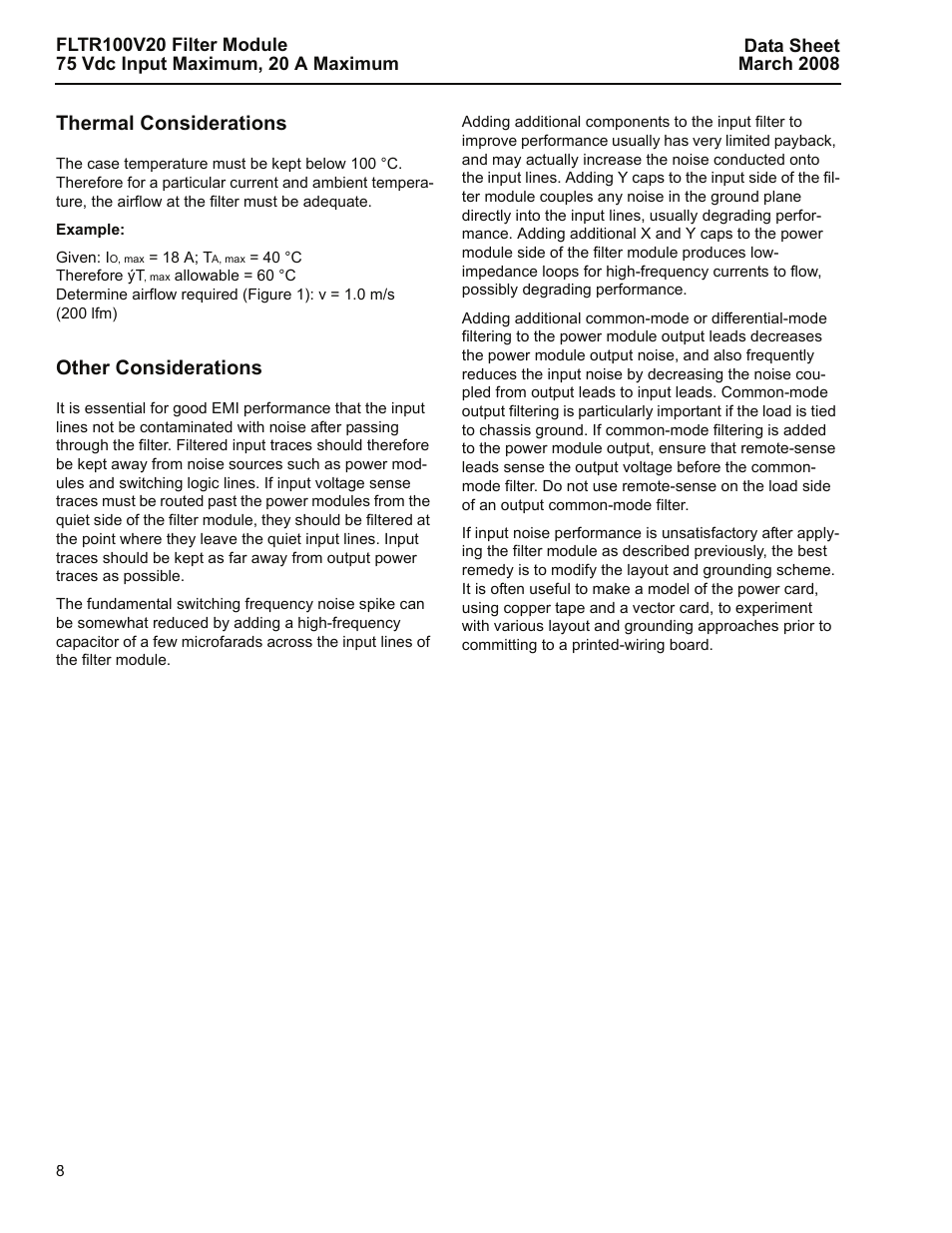 Thermal considerations, Other considerations | GE Industrial Solutions FLTR100V20 Filter Module User Manual | Page 8 / 12