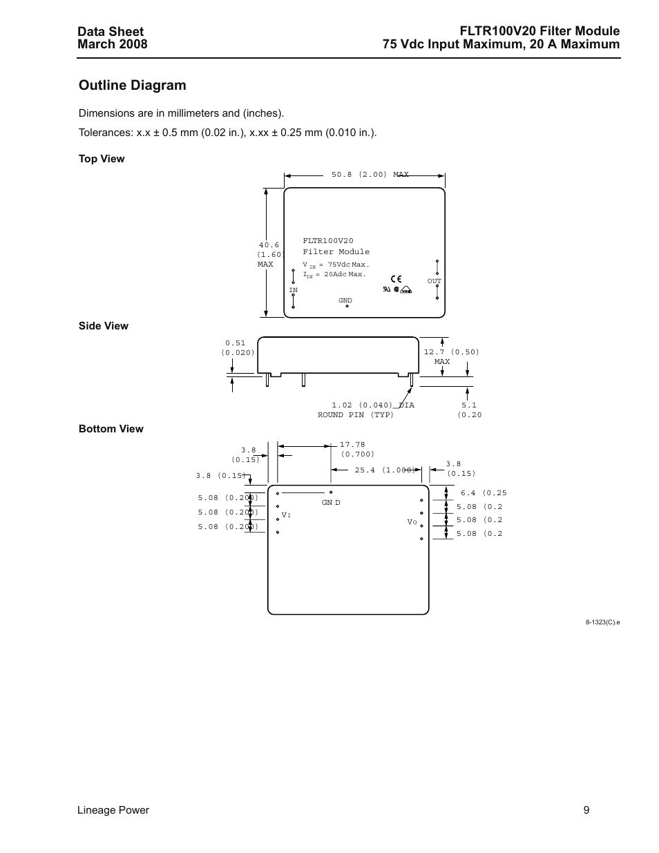 Outline diagram | GE Industrial Solutions FLTR100V20 Filter Module User Manual | Page 9 / 12