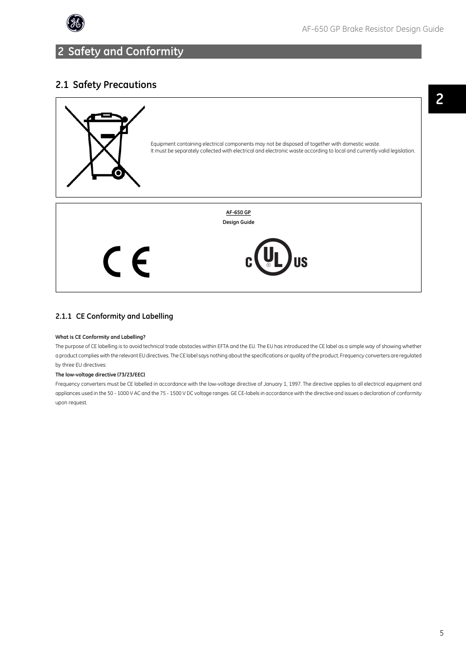 2 safety and conformity, 1 safety precautions | GE Industrial Solutions AF-650 GP General Purpose Drive User Manual | Page 6 / 30