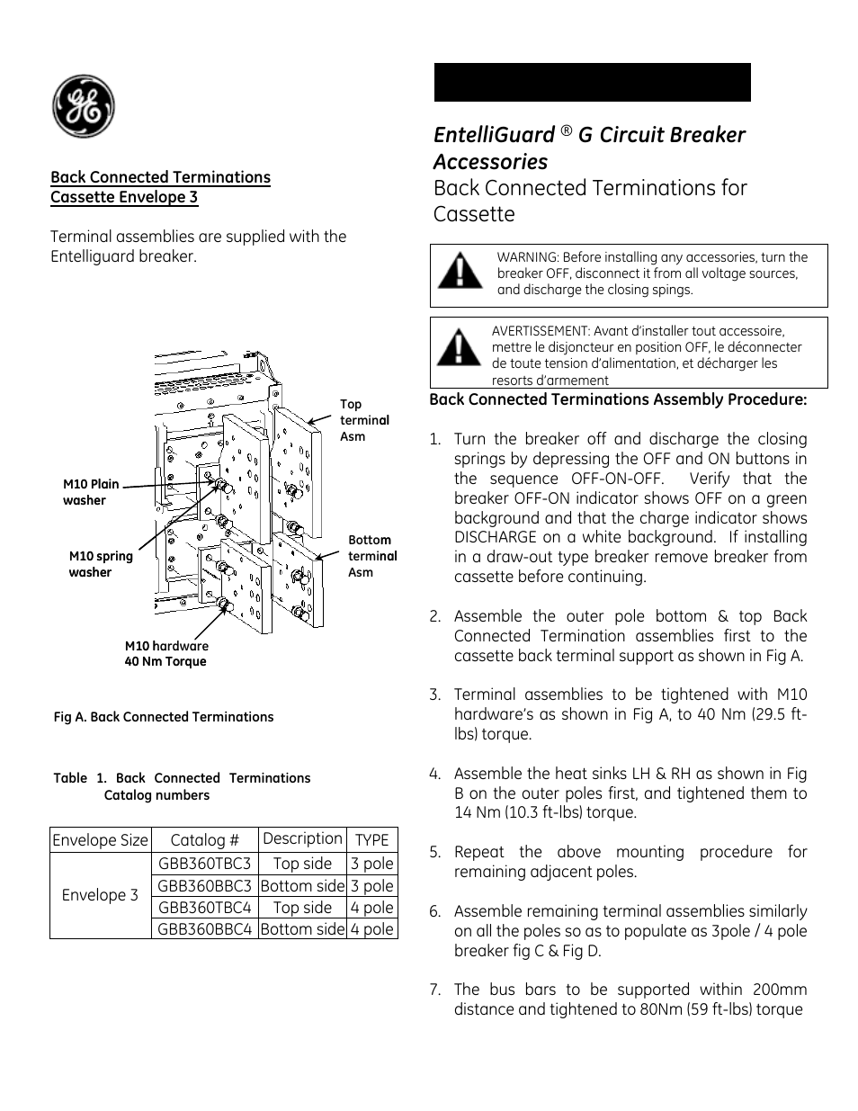 GE Industrial Solutions EntelliGuard G Back Connected Terminations for Cassette Envelope 3 User Manual | 3 pages