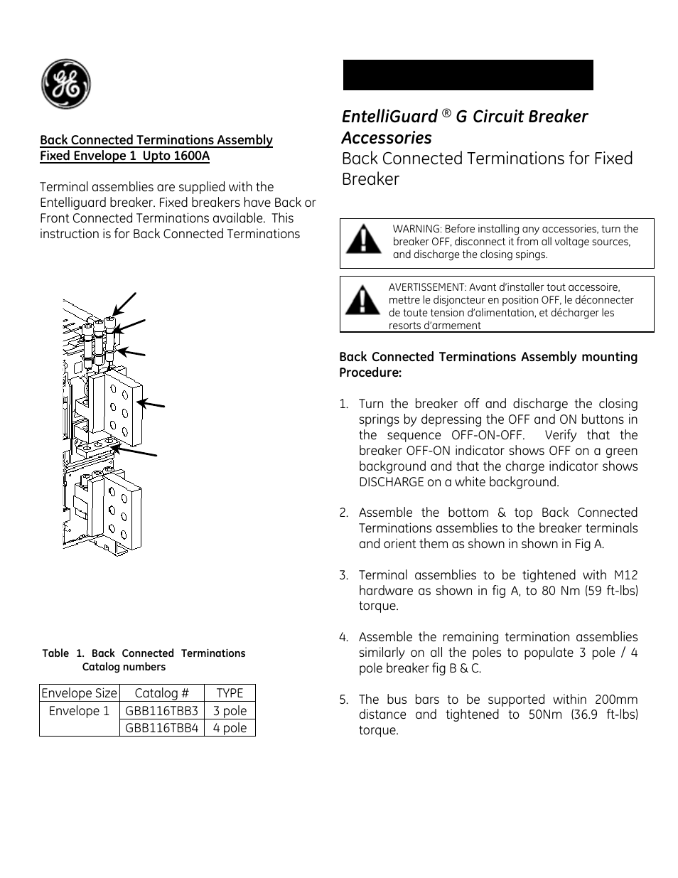GE Industrial Solutions EntelliGuard G Back Connected Terminations for Fixed Envelope 1 Upto 1600A User Manual | 2 pages
