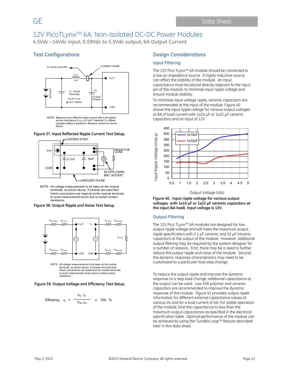 12v picotlynx, 6a: non-isolated dc-dc power modules, Data sheet | Test configurations, Design considerations, Input filtering, Output filtering | GE Industrial Solutions 12V PicoTLynx 6A User Manual | Page 12 / 25
