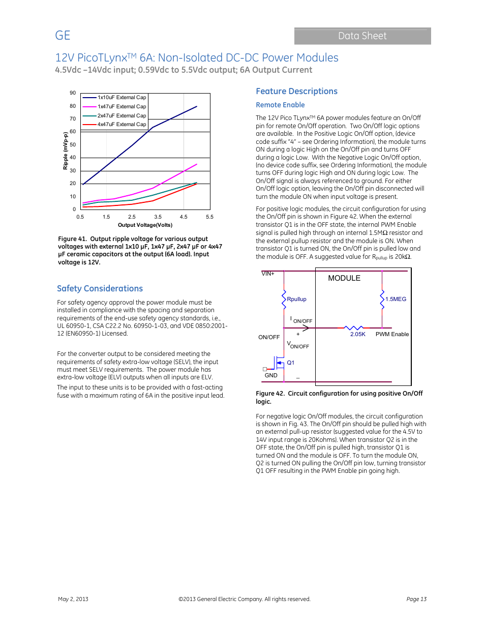 12v picotlynx, 6a: non-isolated dc-dc power modules, Data sheet | Safety considerations, Feature descriptions | GE Industrial Solutions 12V PicoTLynx 6A User Manual | Page 13 / 25
