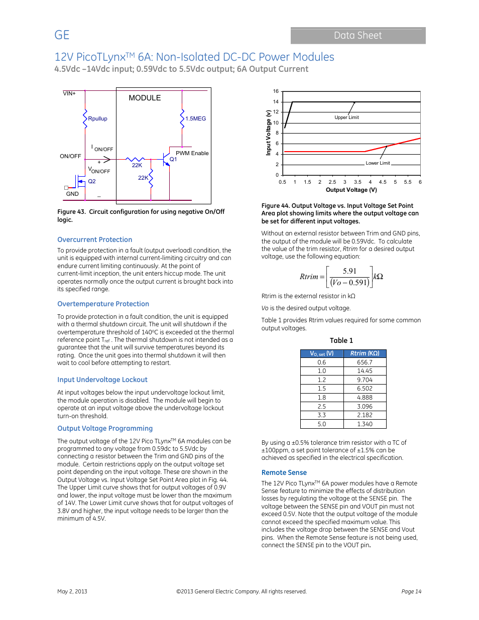12v picotlynx, 6a: non-isolated dc-dc power modules, Data sheet | GE Industrial Solutions 12V PicoTLynx 6A User Manual | Page 14 / 25