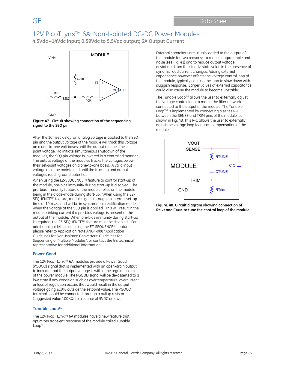 12v picotlynx, 6a: non-isolated dc-dc power modules, Data sheet | Module | GE Industrial Solutions 12V PicoTLynx 6A User Manual | Page 16 / 25