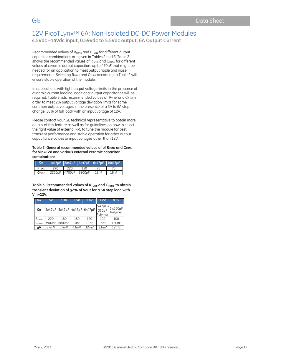 12v picotlynx, 6a: non-isolated dc-dc power modules, Data sheet | GE Industrial Solutions 12V PicoTLynx 6A User Manual | Page 17 / 25
