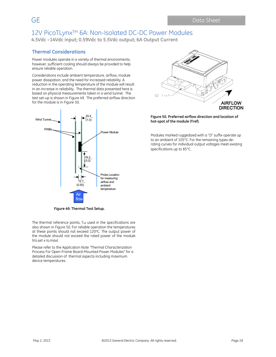 12v picotlynx, 6a: non-isolated dc-dc power modules, Data sheet | Thermal considerations | GE Industrial Solutions 12V PicoTLynx 6A User Manual | Page 18 / 25