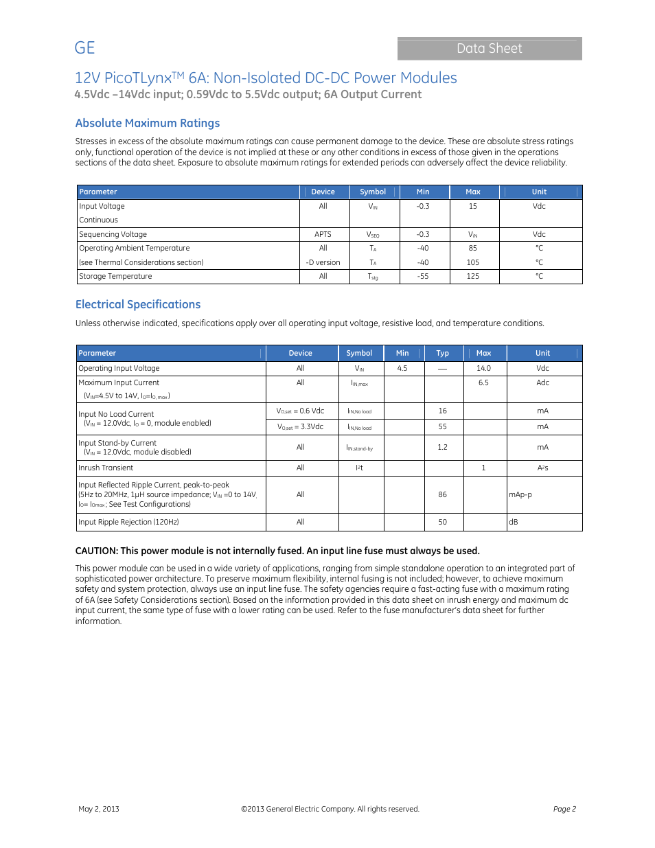 12v picotlynx, 6a: non-isolated dc-dc power modules, Data sheet | Absolute maximum ratings, Electrical specifications | GE Industrial Solutions 12V PicoTLynx 6A User Manual | Page 2 / 25