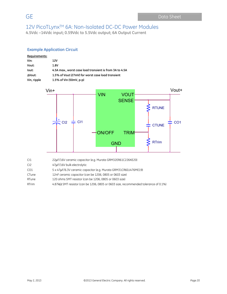 Module, 12v picotlynx, 6a: non-isolated dc-dc power modules | Data sheet, Vout sense gnd trim, Vin+ vout+ on/off | GE Industrial Solutions 12V PicoTLynx 6A User Manual | Page 20 / 25