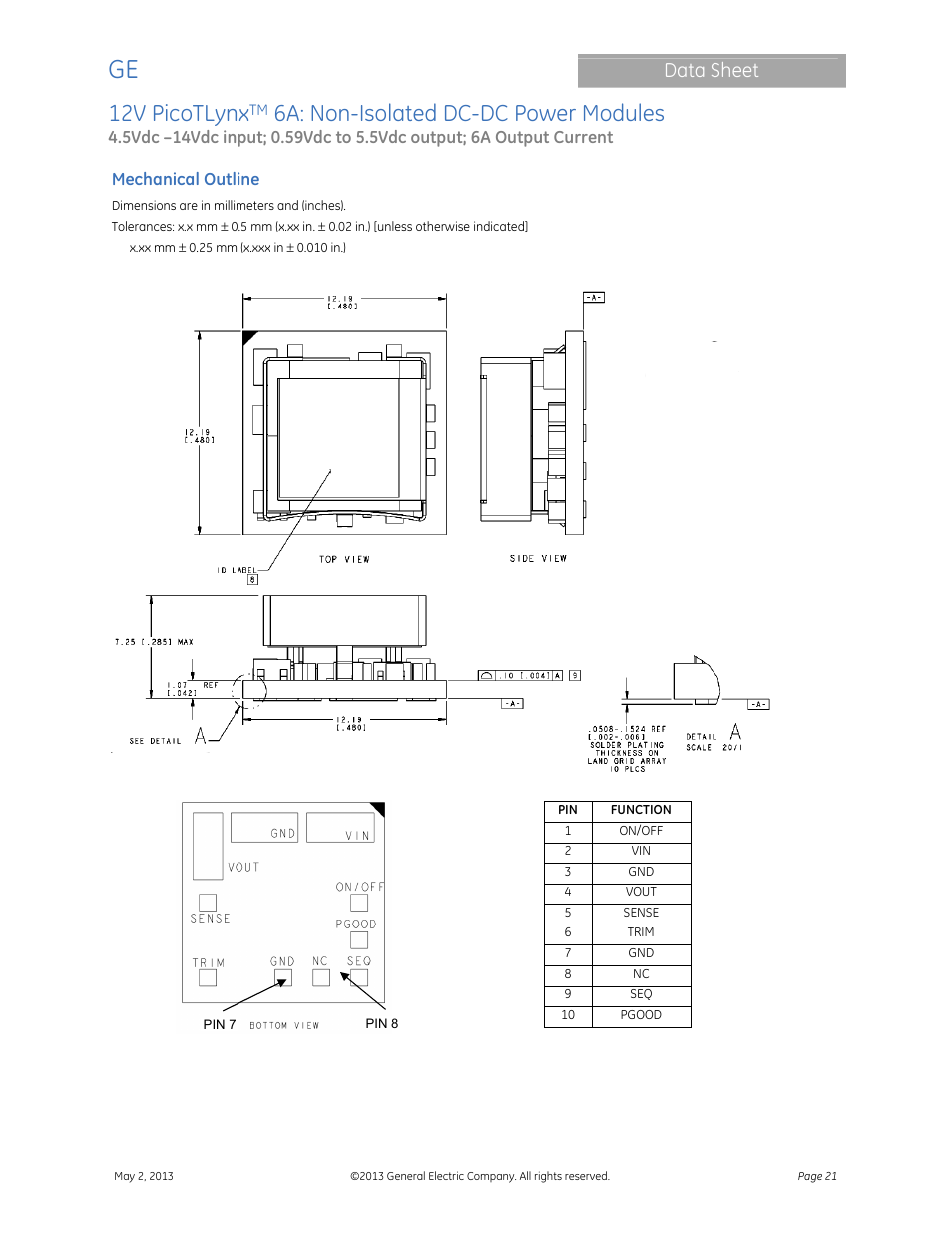 12v picotlynx, 6a: non-isolated dc-dc power modules, Data sheet | GE Industrial Solutions 12V PicoTLynx 6A User Manual | Page 21 / 25