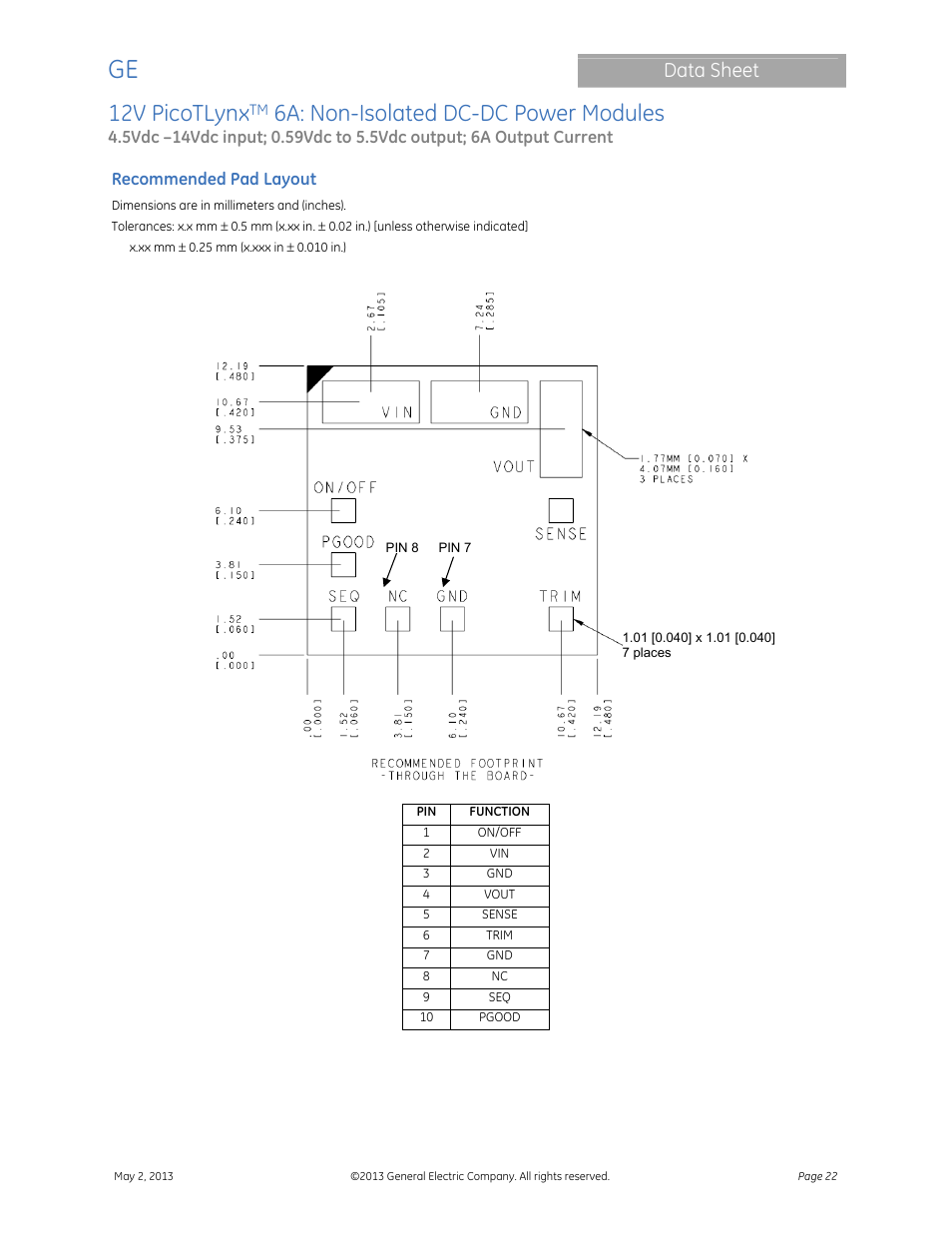 12v picotlynx, 6a: non-isolated dc-dc power modules, Data sheet | GE Industrial Solutions 12V PicoTLynx 6A User Manual | Page 22 / 25