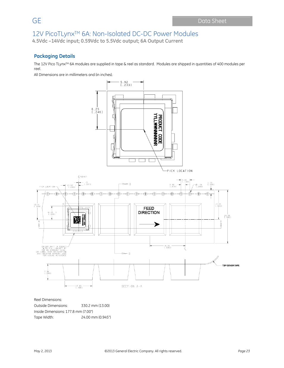 12v picotlynx, 6a: non-isolated dc-dc power modules, Data sheet | GE Industrial Solutions 12V PicoTLynx 6A User Manual | Page 23 / 25