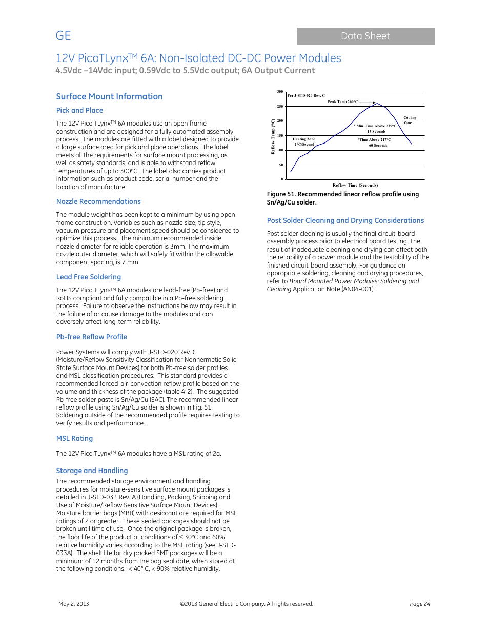 12v picotlynx, 6a: non-isolated dc-dc power modules, Data sheet | Surface mount information | GE Industrial Solutions 12V PicoTLynx 6A User Manual | Page 24 / 25