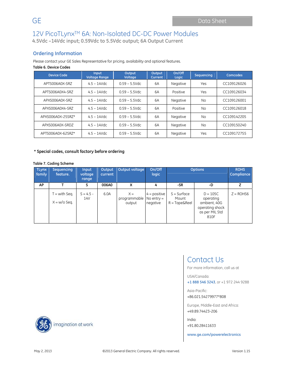 Contact us, 12v picotlynx, 6a: non-isolated dc-dc power modules | Data sheet, Ordering information | GE Industrial Solutions 12V PicoTLynx 6A User Manual | Page 25 / 25