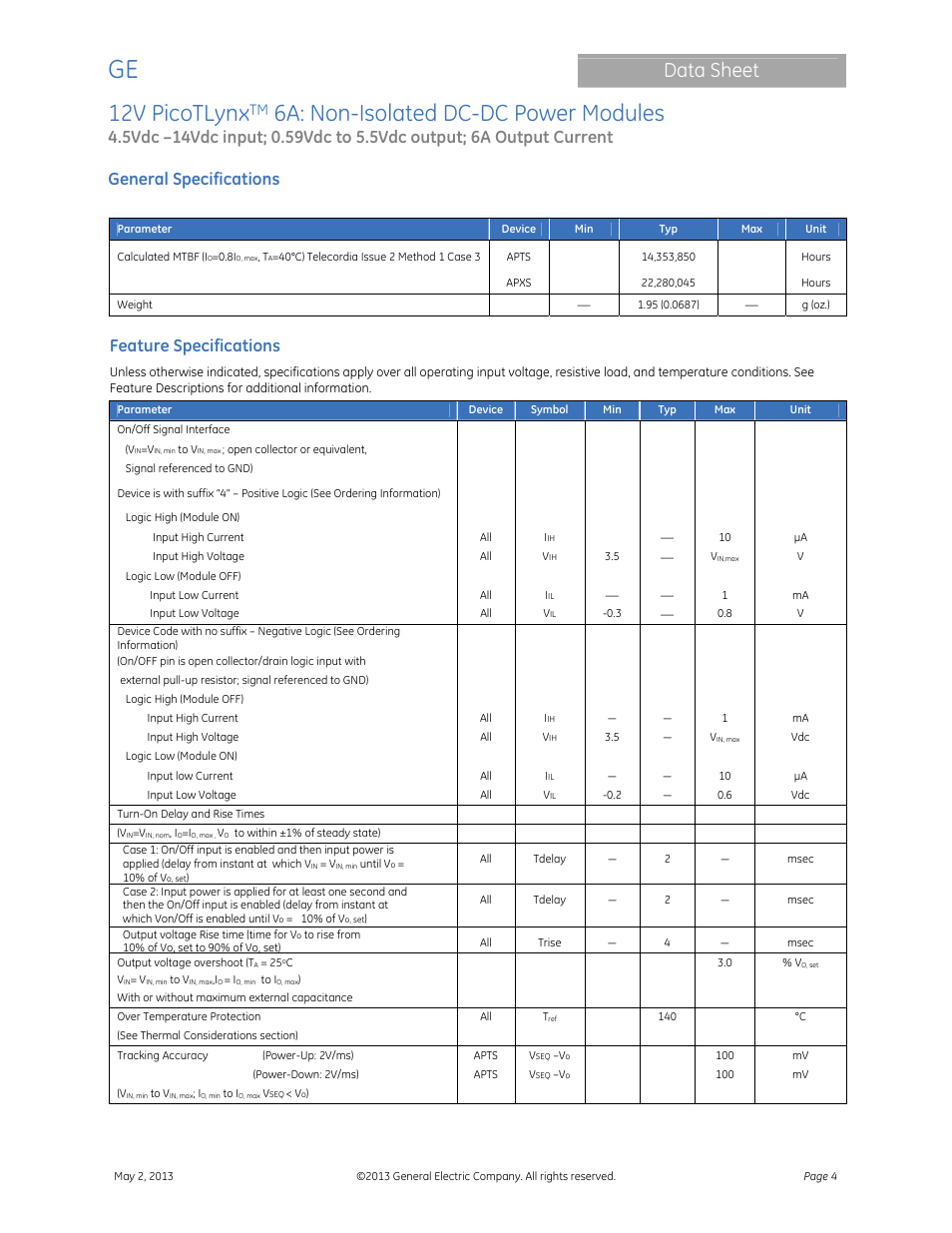 12v picotlynx, 6a: non-isolated dc-dc power modules, Data sheet | General specifications, Feature specifications | GE Industrial Solutions 12V PicoTLynx 6A User Manual | Page 4 / 25