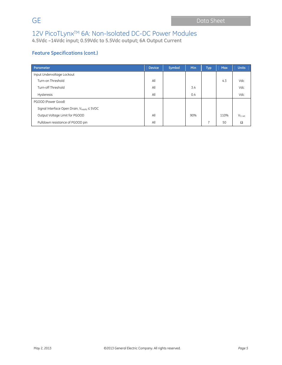 12v picotlynx, 6a: non-isolated dc-dc power modules, Data sheet | Feature specifications (cont.) | GE Industrial Solutions 12V PicoTLynx 6A User Manual | Page 5 / 25