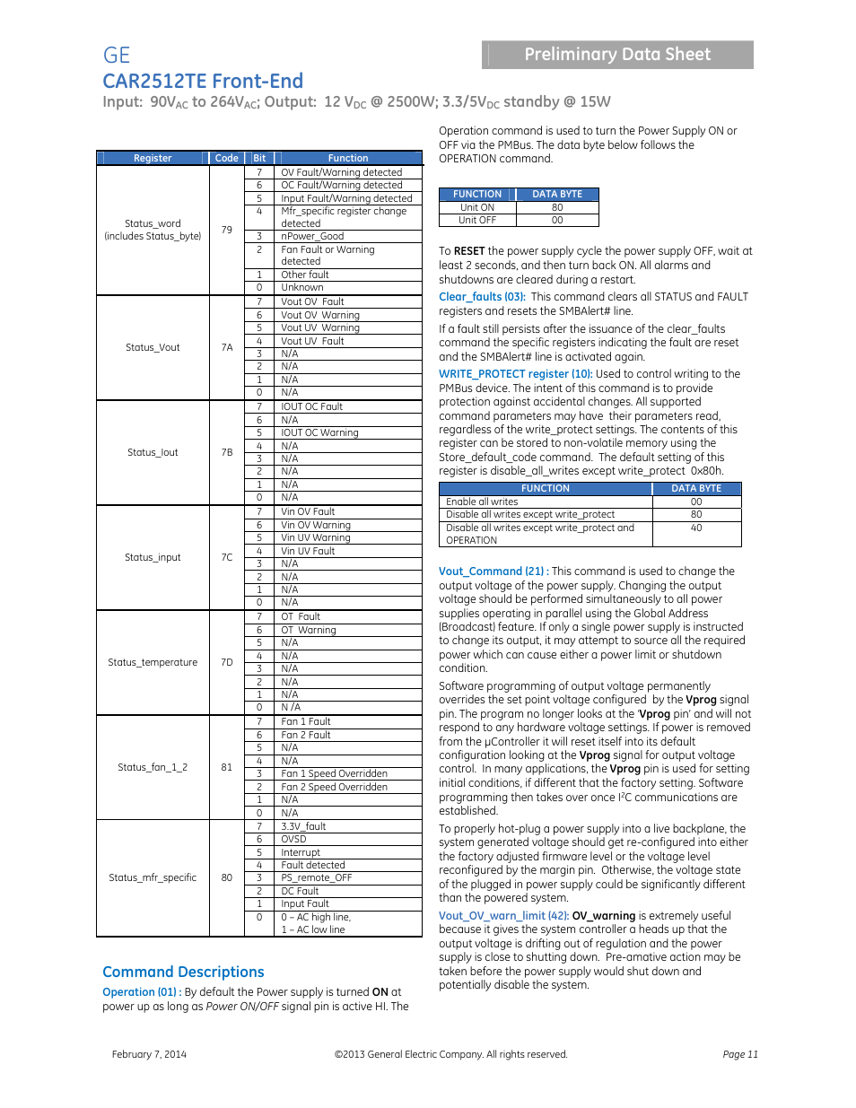 Car2512te front-end, Preliminary data sheet, Input: 90v | Output: 12 v, Standby @ 15w, Command descriptions | GE Industrial Solutions CAR2512TE Front-End User Manual | Page 11 / 15