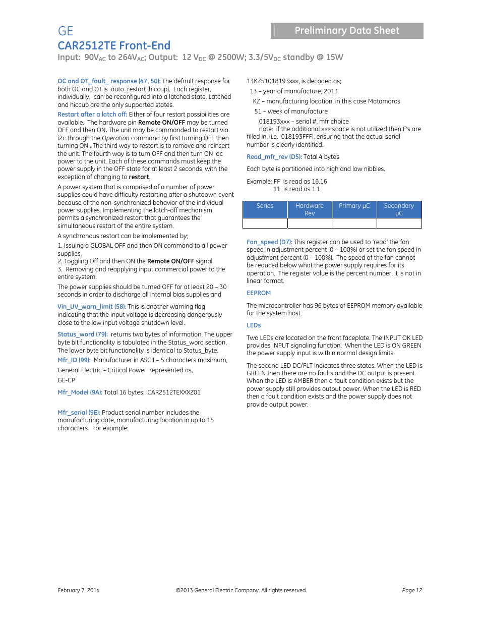 Car2512te front-end, Preliminary data sheet | GE Industrial Solutions CAR2512TE Front-End User Manual | Page 12 / 15