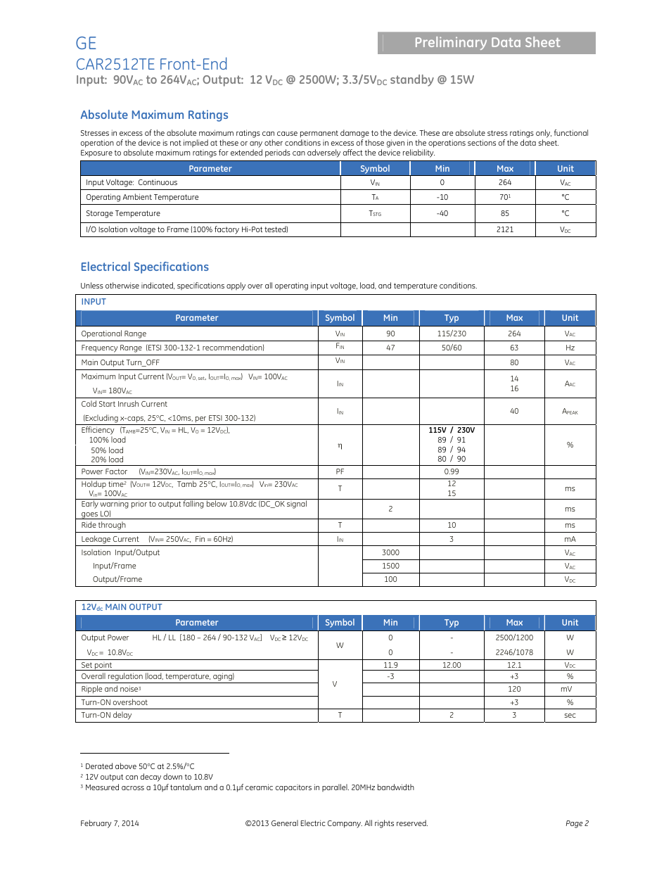 Car2512te front-end, Preliminary data sheet, Input: 90v | Output: 12 v, Standby @ 15w, Absolute maximum ratings, Electrical specifications | GE Industrial Solutions CAR2512TE Front-End User Manual | Page 2 / 15