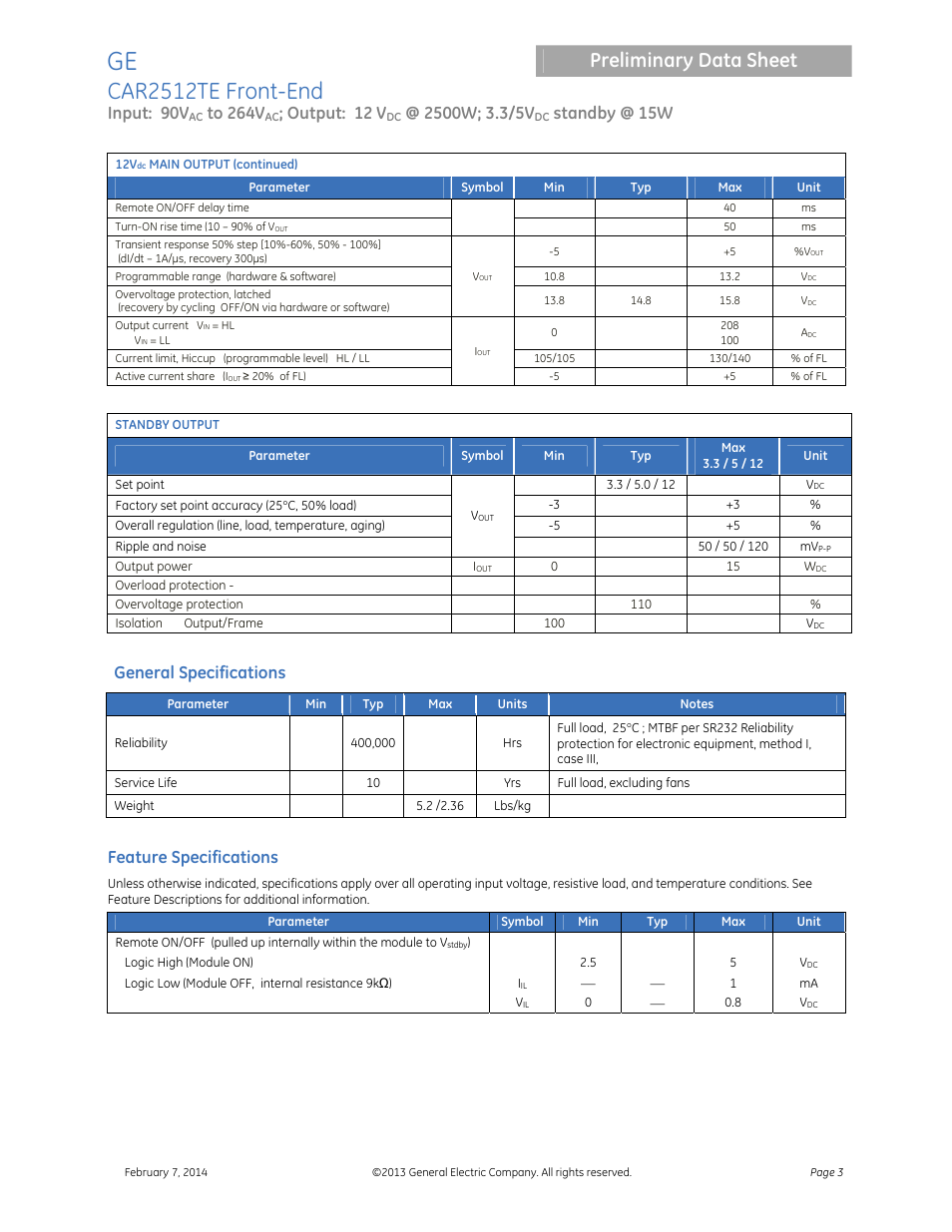 Car2512te front-end, Preliminary data sheet, Input: 90v | Output: 12 v, Standby @ 15w, General specifications, Feature specifications | GE Industrial Solutions CAR2512TE Front-End User Manual | Page 3 / 15