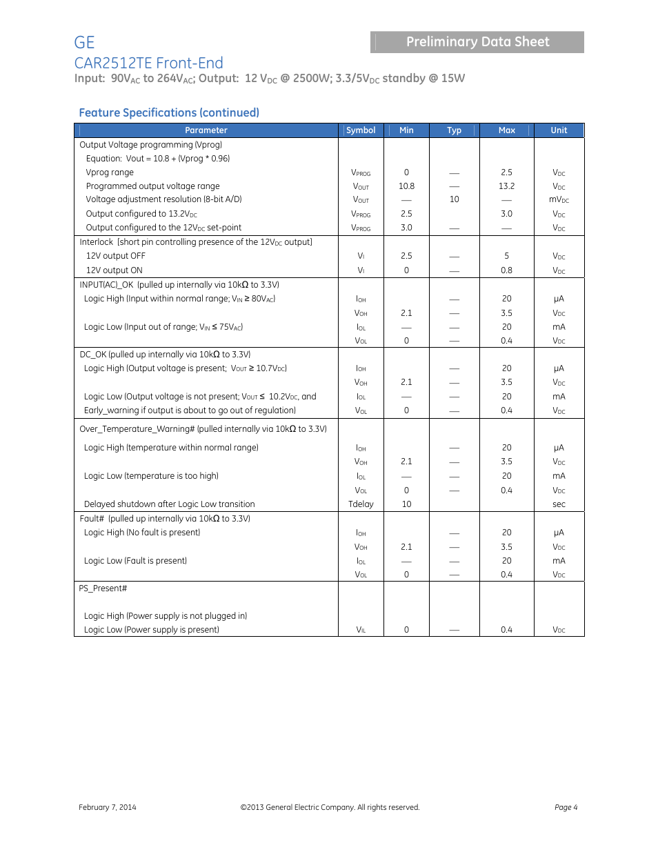 Car2512te front-end, Preliminary data sheet, Input: 90v | Output: 12 v, Standby @ 15w, Feature specifications (continued) | GE Industrial Solutions CAR2512TE Front-End User Manual | Page 4 / 15