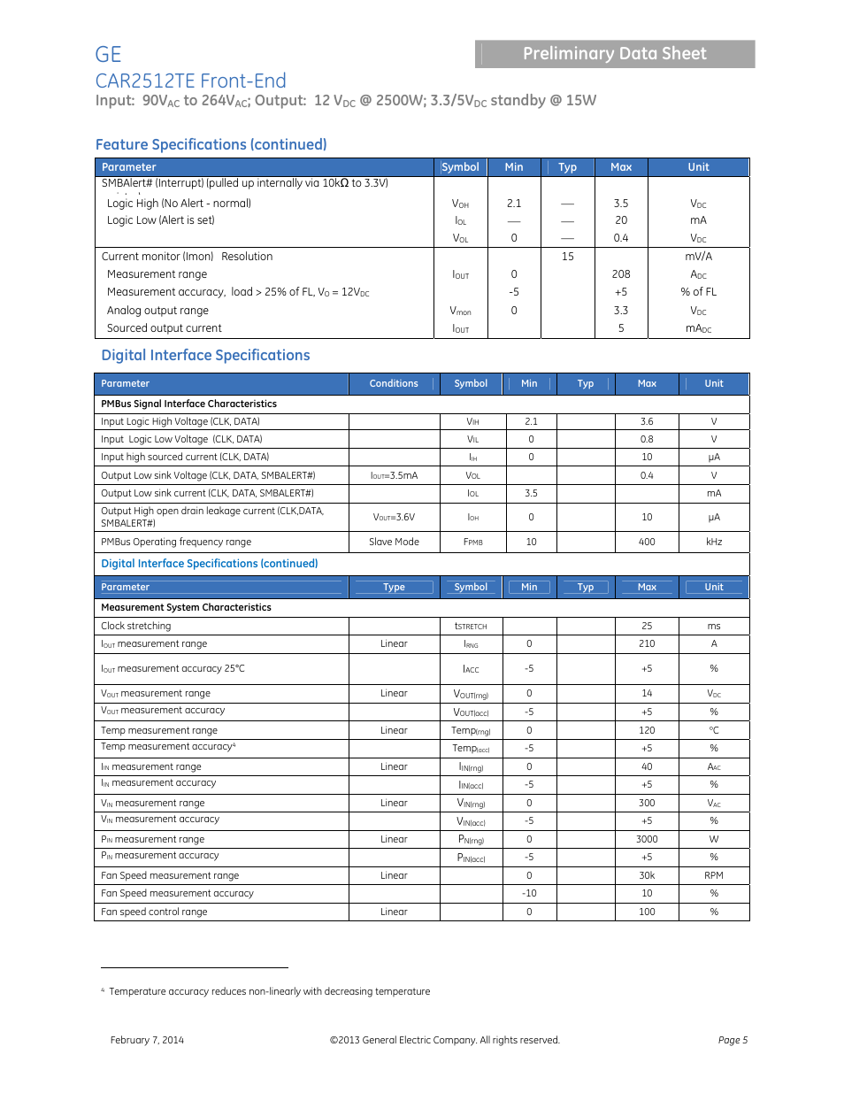 Car2512te front-end, Preliminary data sheet, Input: 90v | Output: 12 v, Standby @ 15w, Feature specifications (continued), Digital interface specifications | GE Industrial Solutions CAR2512TE Front-End User Manual | Page 5 / 15