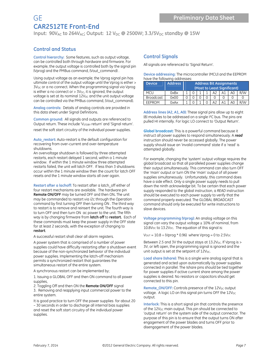 Car2512te front-end, Preliminary data sheet, Input: 90v | Output: 12 v, Standby @ 15w, Control and status, Control signals | GE Industrial Solutions CAR2512TE Front-End User Manual | Page 7 / 15