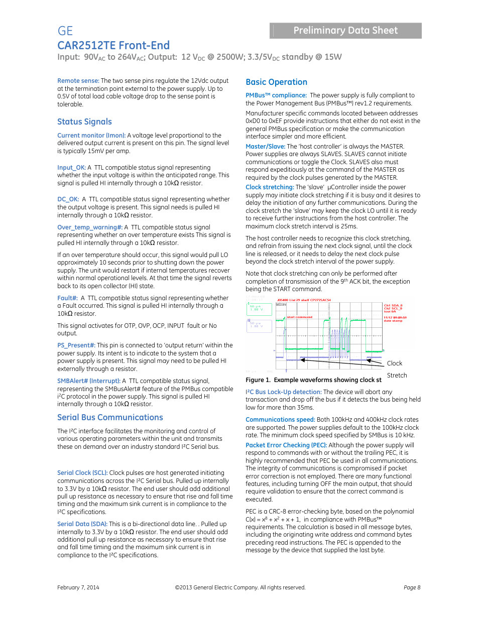 Car2512te front-end, Preliminary data sheet, Input: 90v | Output: 12 v, Standby @ 15w, Status signals, Serial bus communications, Basic operation | GE Industrial Solutions CAR2512TE Front-End User Manual | Page 8 / 15