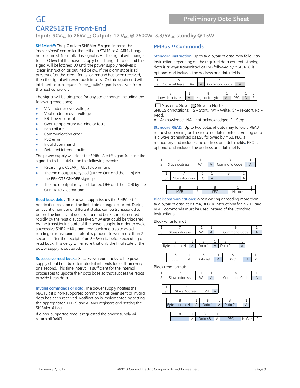 Car2512te front-end, Preliminary data sheet, Input: 90v | Output: 12 v, Standby @ 15w, Pmbus, Commands | GE Industrial Solutions CAR2512TE Front-End User Manual | Page 9 / 15