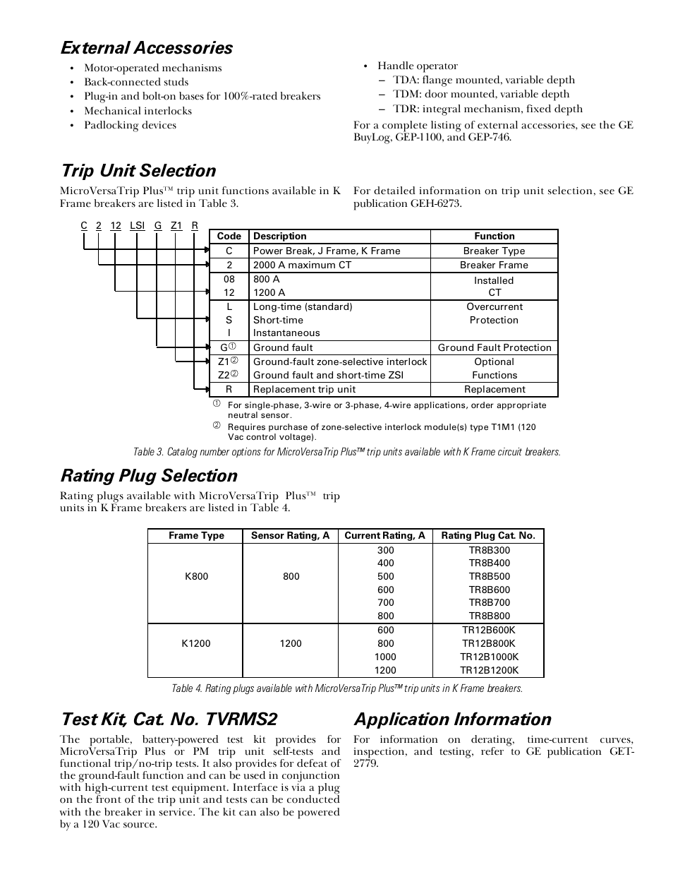 External accessories, Trip unit selection, Rating plug selection | Test kit, cat. no. tvrms2, Application information | GE Industrial Solutions TKH-TKL with MicroVersaTrip Plus User Manual | Page 3 / 4
