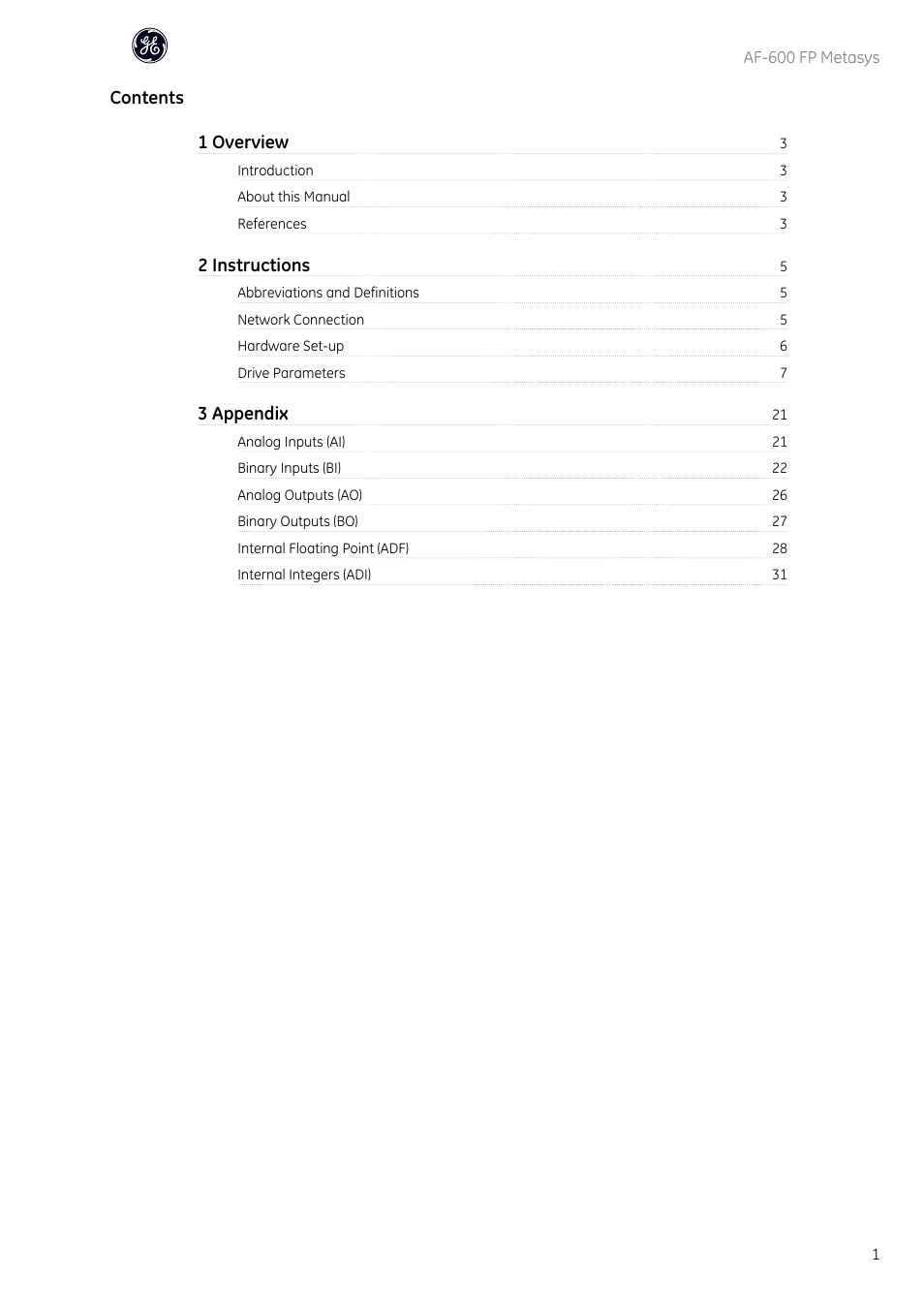 Contents 1 overview, 2 instructions, 3 appendix | GE Industrial Solutions AF-600 FP Metasys User Manual | Page 2 / 34