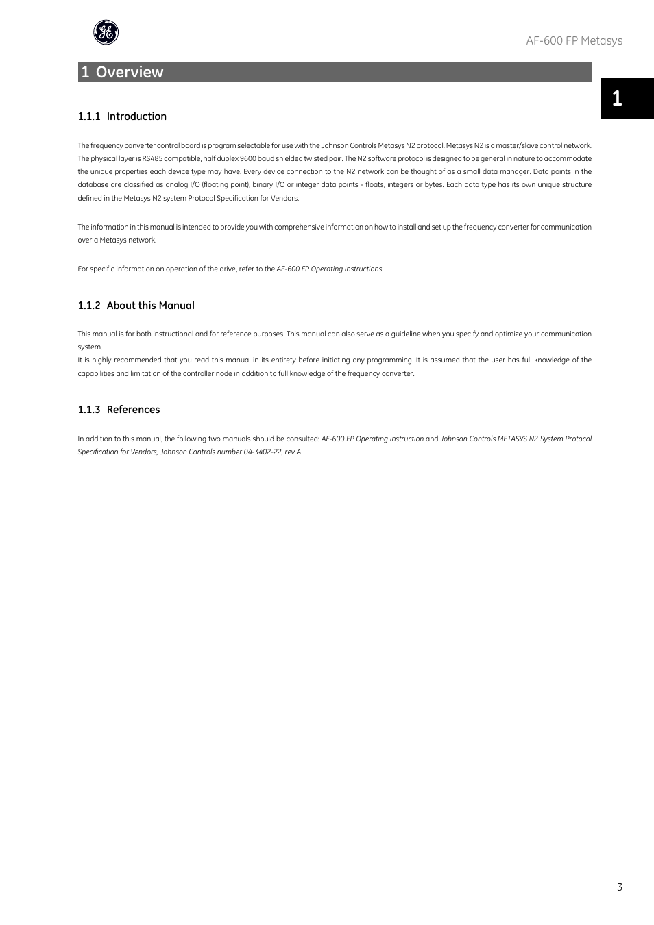 1 overview | GE Industrial Solutions AF-600 FP Metasys User Manual | Page 4 / 34