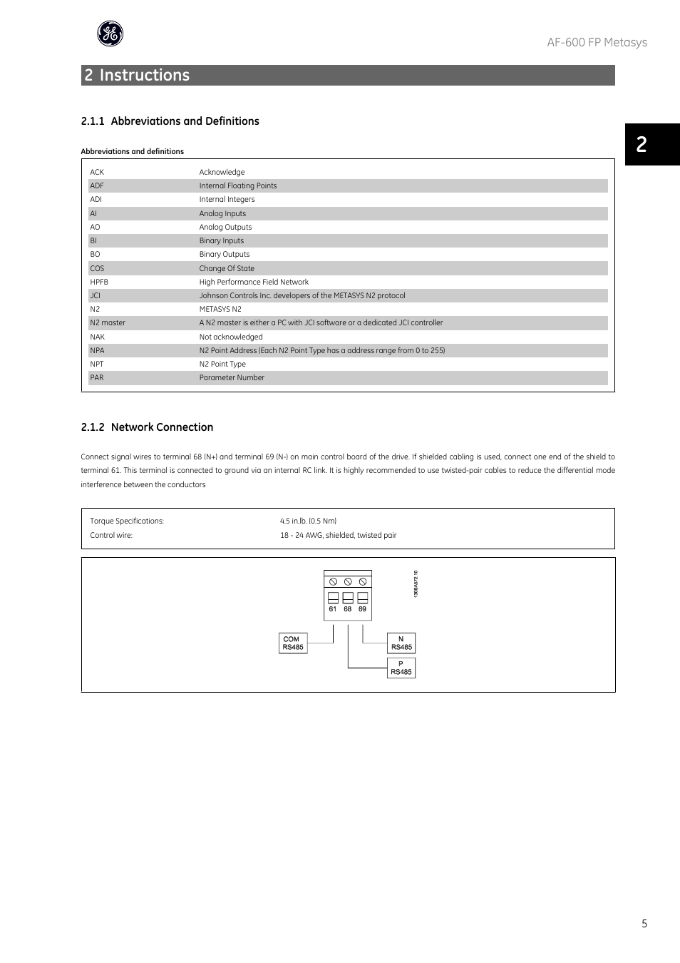 2 instructions, Af-600 fp metasys, 1 abbreviations and definitions | 2 network connection | GE Industrial Solutions AF-600 FP Metasys User Manual | Page 6 / 34