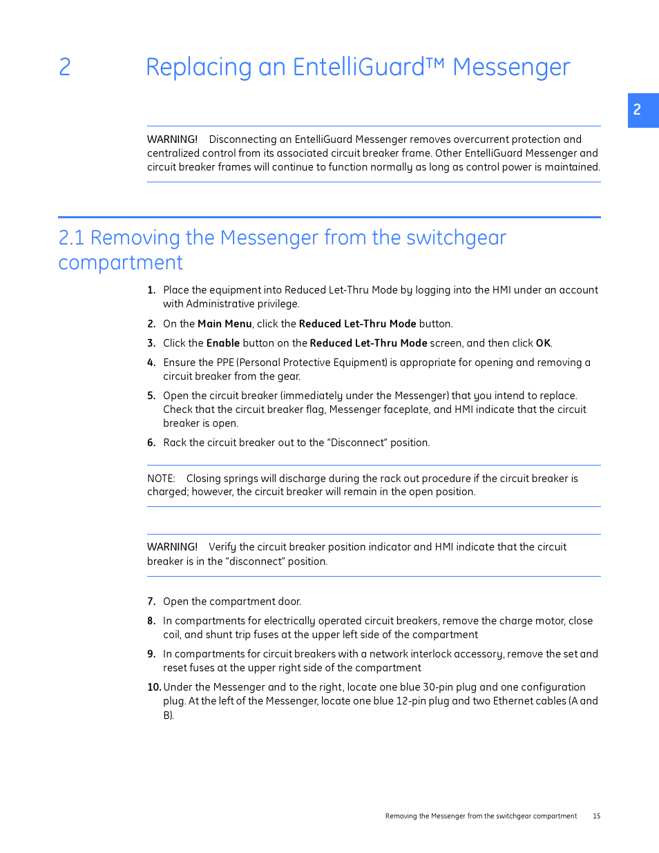 Replacing an entelliguard™ messenger, 2 replacing an entelliguard™ messenger, 2replacing an entelliguard™ messenger | GE Industrial Solutions Entellisys Device Replacement Guide User Manual | Page 15 / 41